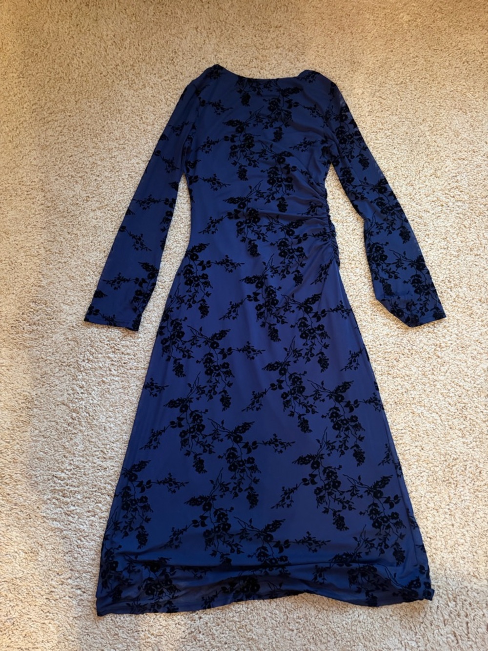 Long Sleeve Navy Blue Floral Midi Dress